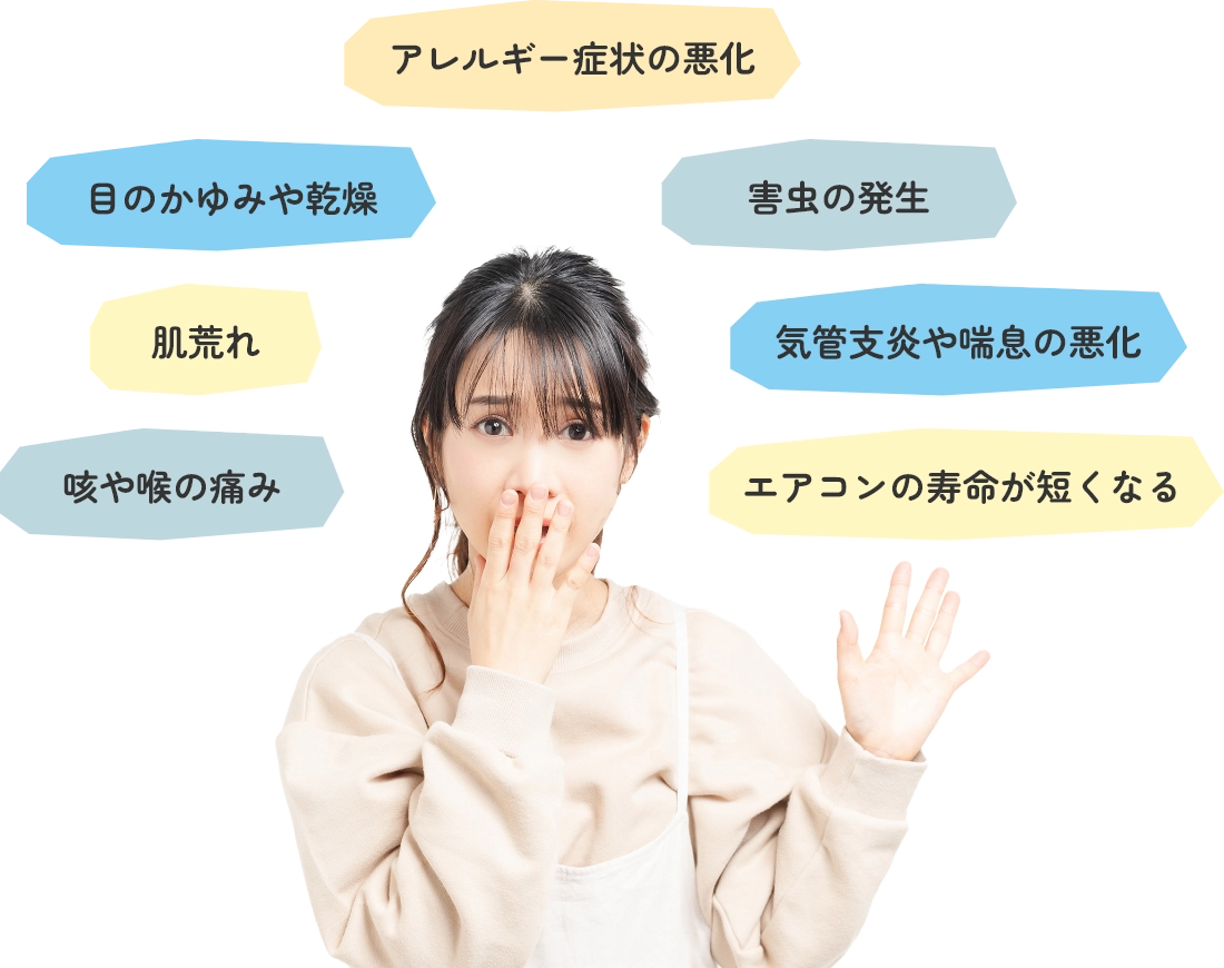 アレルギー症状の悪化、目のかゆみや乾燥、肌荒れ、咳や喉の痛、害虫の発生、気管支炎や喘息の悪化、エアコンの寿命が短くなる